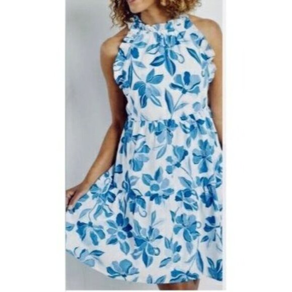 Clover And Sloane Dresses & Skirts - Clover And Sloane Women's Blue Fit & Flare Dress Floral Ruffle Size L (C-7)